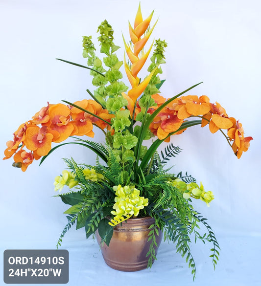 Orange Orchids, Orange Heliconia & Green Floral Mix, Bronze Vase