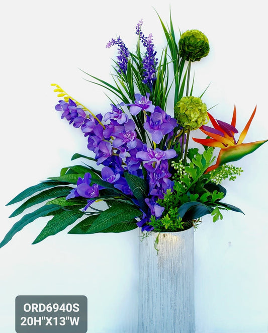Purple Orchids & Bird of Paradise, Silver Textured Vase