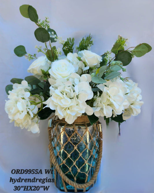 White Hydrangea & White Floral, Tinted Glass Vase