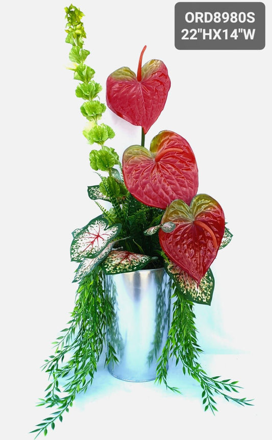 Red/Green Anthuriums, Silver Vase
