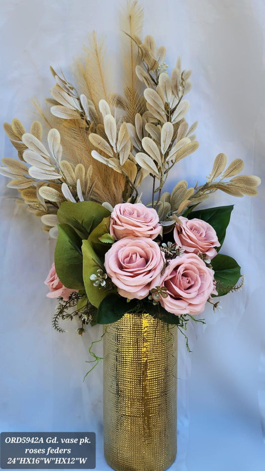 Gold Vase, Pink Roses & Feathers