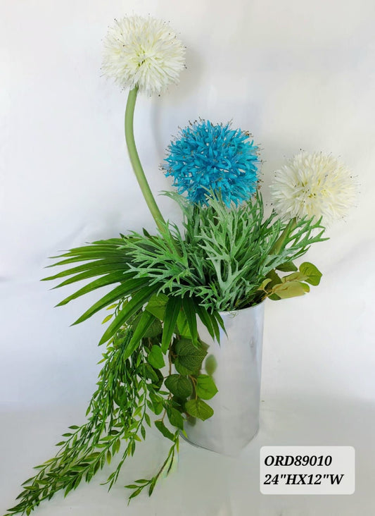 Blue & White Allium, Silver Vase