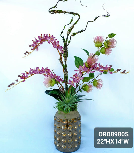 Mauve Pink Orchids, Gold Vase