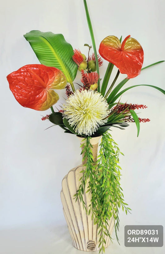 Tropical, Red Anthuriums, Shell Vase