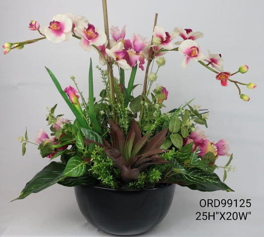 White & Pink Orchids, Black Fiber Glass Bowl