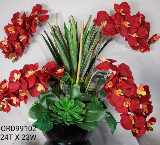 Red Silk Orchid, Black Fiber Glass Bowl