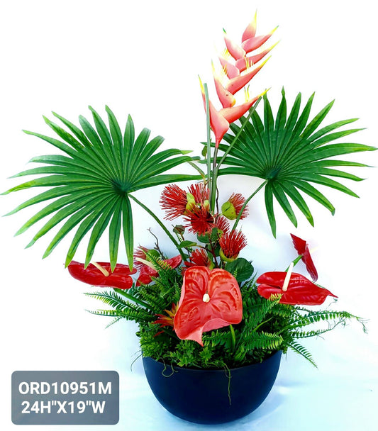Tropical, Red Floral in a Big  Black Bowl