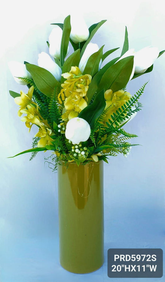 White Tulips & Green Floral, Green Vase