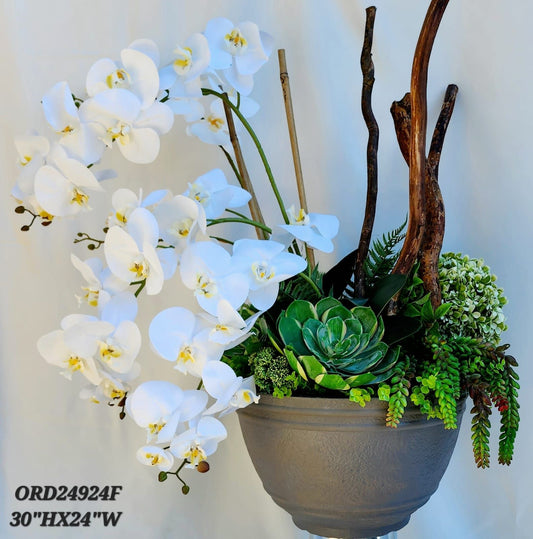 Grey Bowl Vase, White Orchids