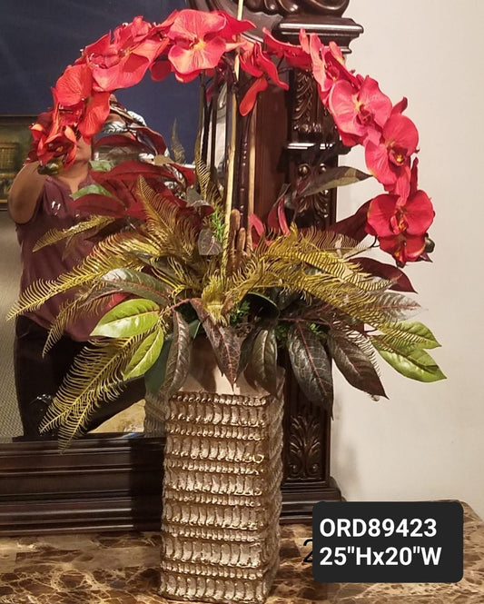 Red Butterfly Orchids, Bronze Vase