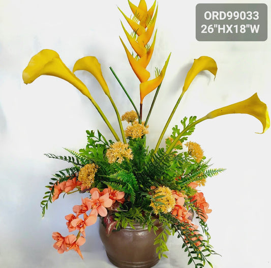 Yellow Heliconia & Yellow Arum-Lillies, Brown Vase