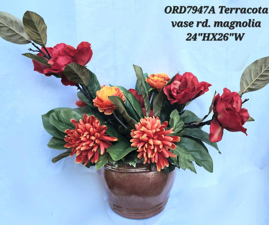 Terracotta Vase, Red Magnolias