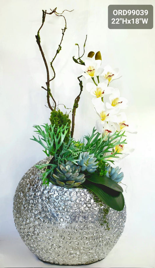 White Orchid, Silver Dimple Vase