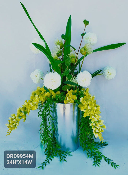 Green& White Floral, Silver Vase