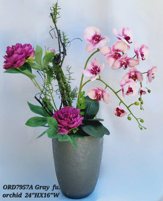 Grey Vase, Fuchsia Orchids