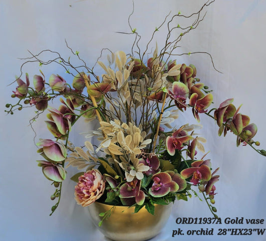 Gold Bowl Vase, Pink & Green Orchids