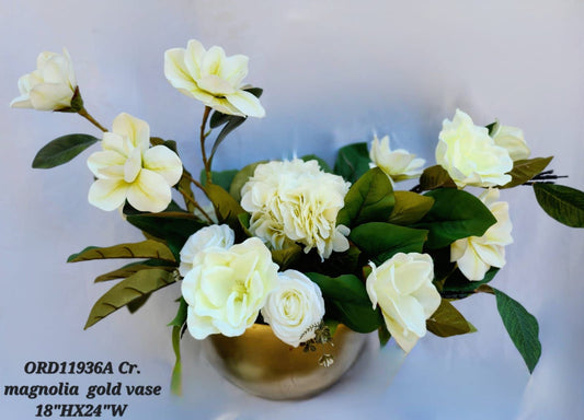Cream Magnolias with a Round Gold Vase