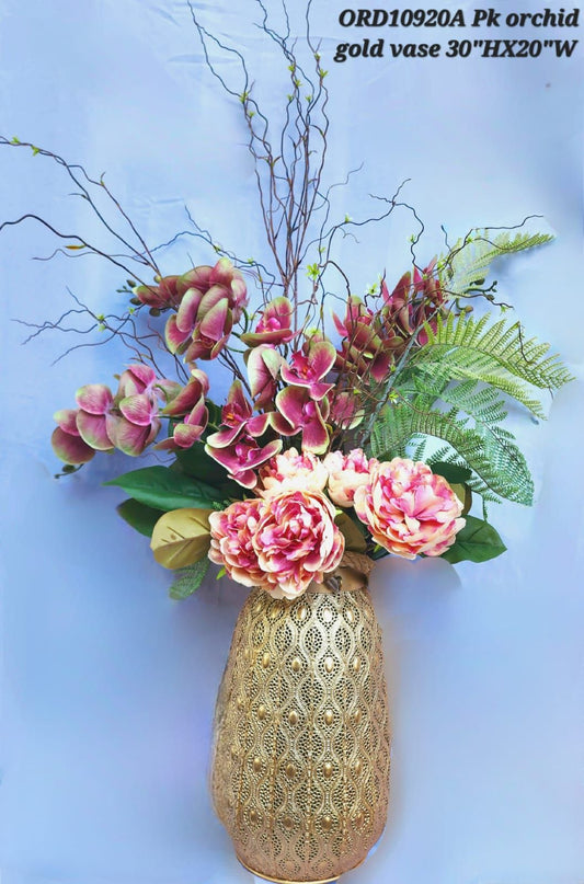 Gold Vase, Pink Orchids & Pink Floral