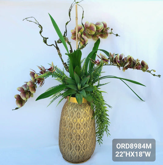 Pink /Green Orchids, Gold Vase