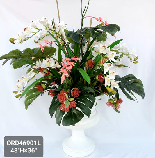 White Orchids & Pink Heliconias, Tall White Vase