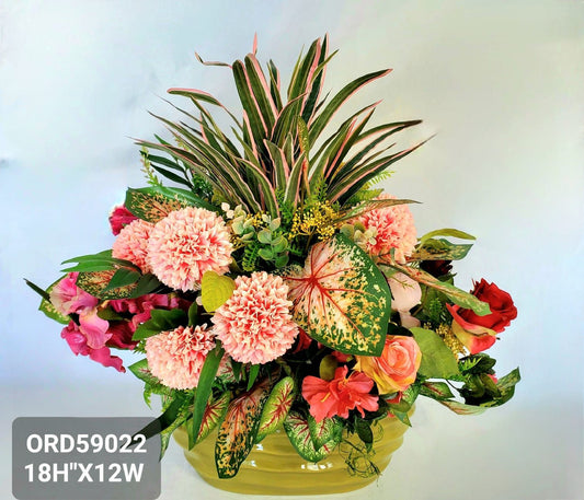 Pink Floral Variety, Green Ceramic Vase