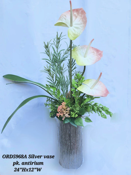 Pink Anthurium, Silver Textured Vase