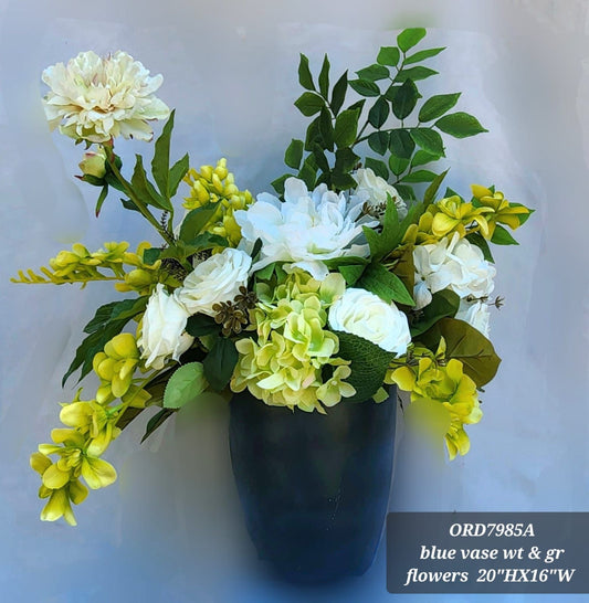 Blue Vase, Green & White Floral