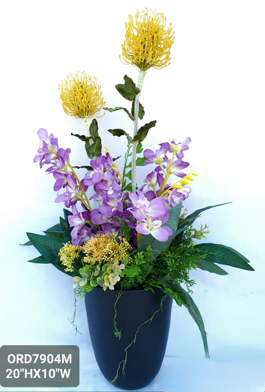 Purple Orchids & Yellow Floral, Black Vase