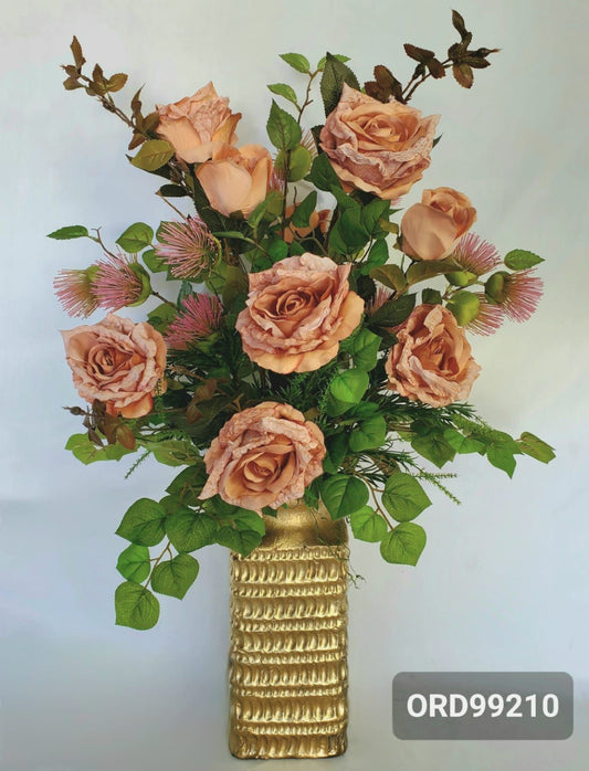 Pastel Pink Roses, Gold Vase
