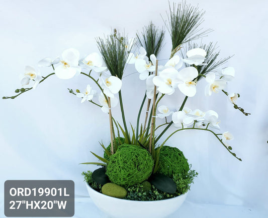 White Orchids & Moss Balls, Big White Bowl Vase