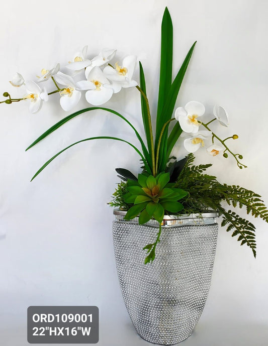 White Orchid, Mirror Silver Vase