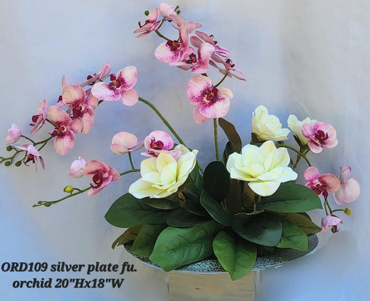 Silver Plate, Fuchsia/White Orchids