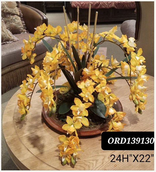 Yellow Orchids, Brown Plate Vase