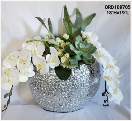 White Orchids, Round Silver Textured Vase