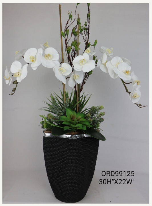 White Orchid, Black & Silver Textured Vase