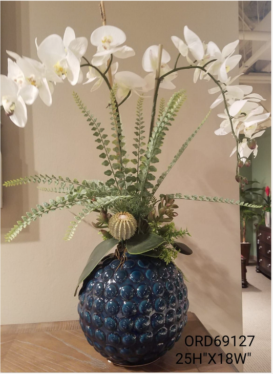 White Orchid, Blue Textured Round Vase